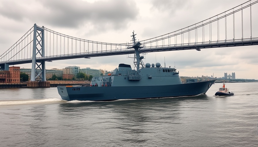 Royal Navy Type 31 frigate passing under a bridge with a tugboat escort.