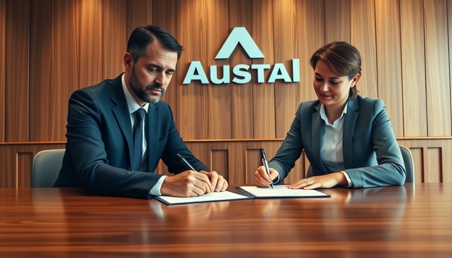 Business professionals finalizing Austal USA and Master Boat partnership agreement.