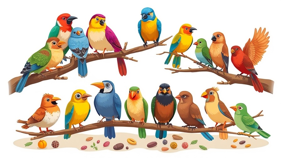 Illustrated cartoon of diverse bird species, abundant bird imagery