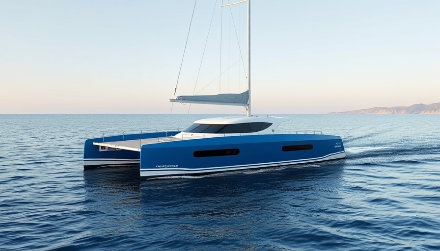 Sleek blue classic tunnel catamaran Airmid on calm sea, distant shore visible.