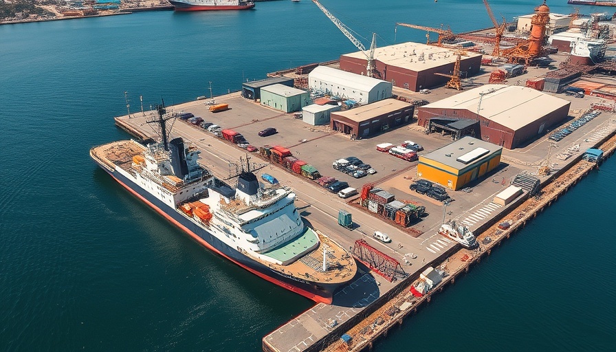 Aerial view of the American Icebreaker Factory at a shipyard.