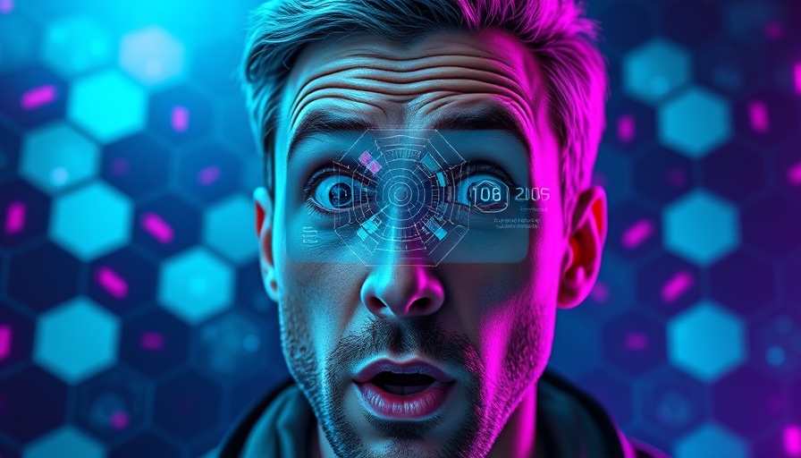 Surprised man with digital eye overlay on purple background.