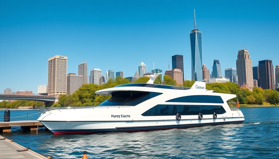 New York hybrid-electric ferry with city skyline in the background.