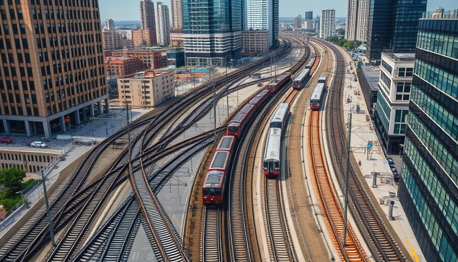 Aerial view of Chicago train tracks with trains, showcasing urban transit complexity.