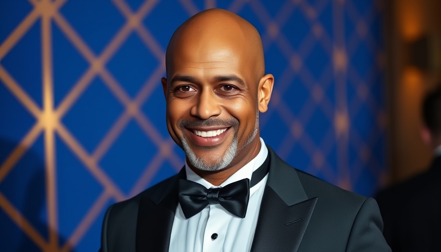 Elegant bald man in tuxedo smiling at event.