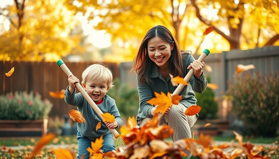 Joyful autumn leaf raking in a cozy backyard setting.