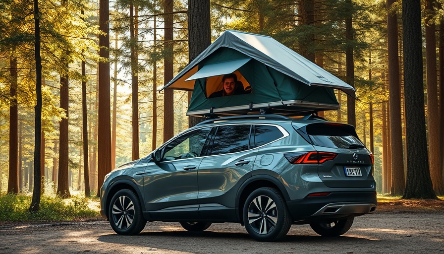 Rivian electric SUV with rooftop tent in a forest, Rivian Q3 sales surge.