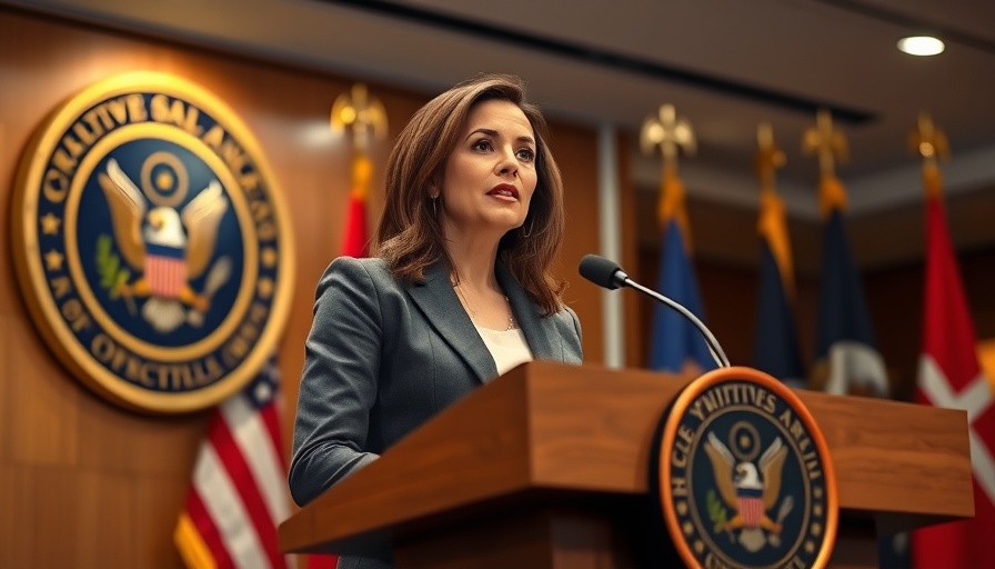 Confident woman at podium speaking during press conference