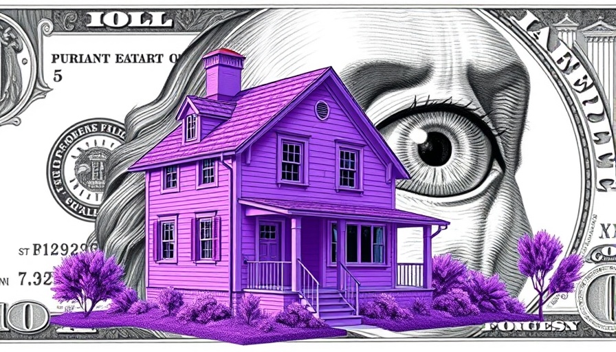 Purple house and dollar bill illustration for buyer affordability education.