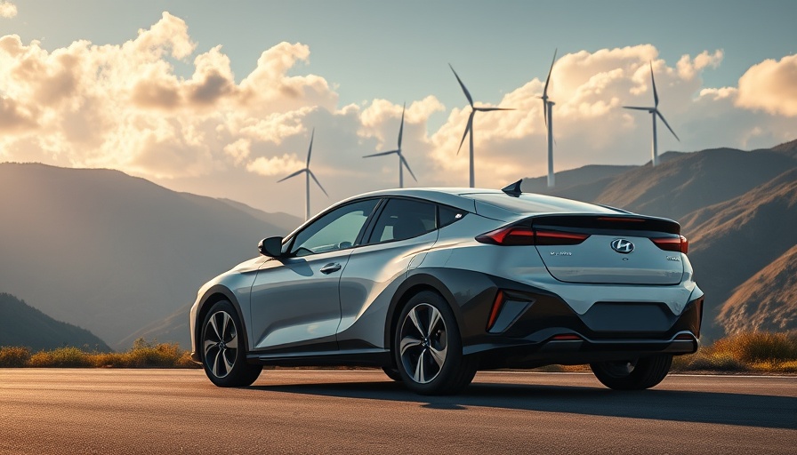 Sleek Hyundai EV on mountain road with wind turbines under dramatic sky.