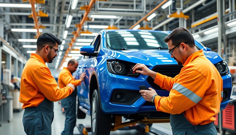 Stellantis U.S. production line with workers assembling a blue vehicle.