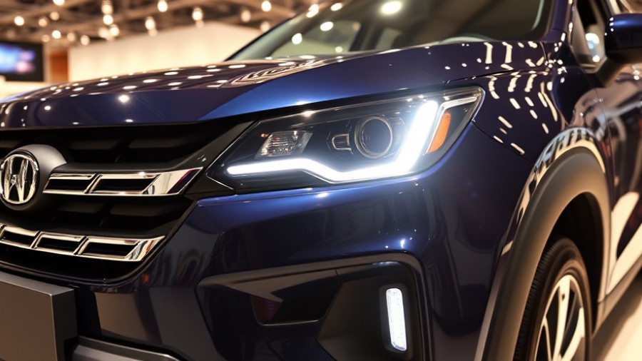 Sleek compact SUV showcased at an expo in glossy navy blue.