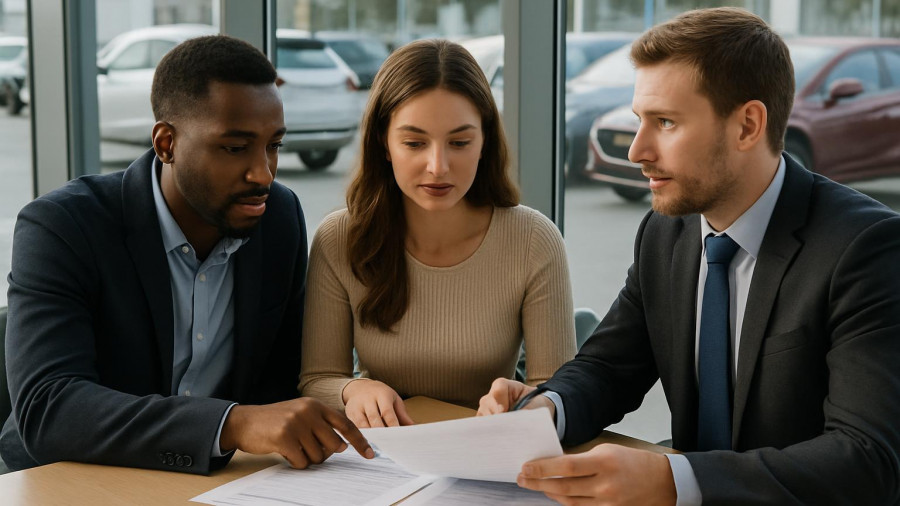 Car dealership meeting discussing transparency in F&I product value.