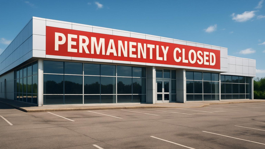 Permanently closed car dealership with clear blue sky