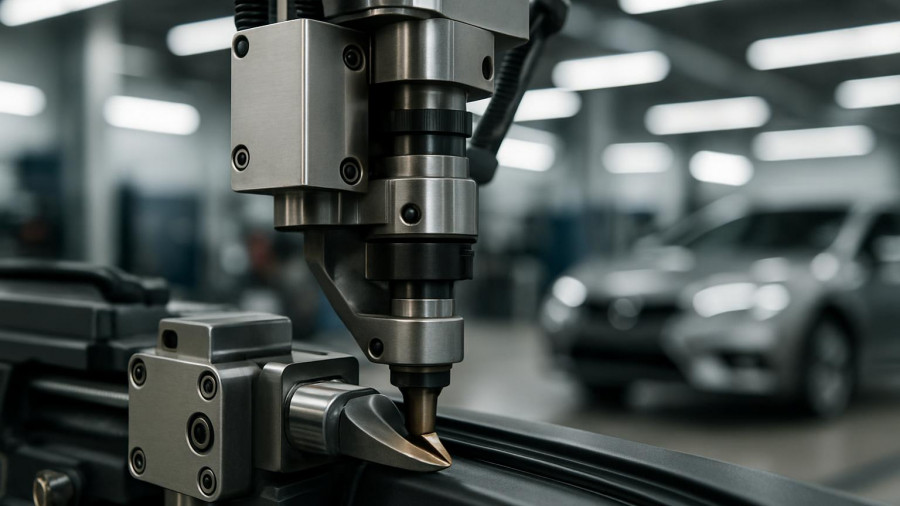 Industrial plastic welding machine for auto shops in operation.