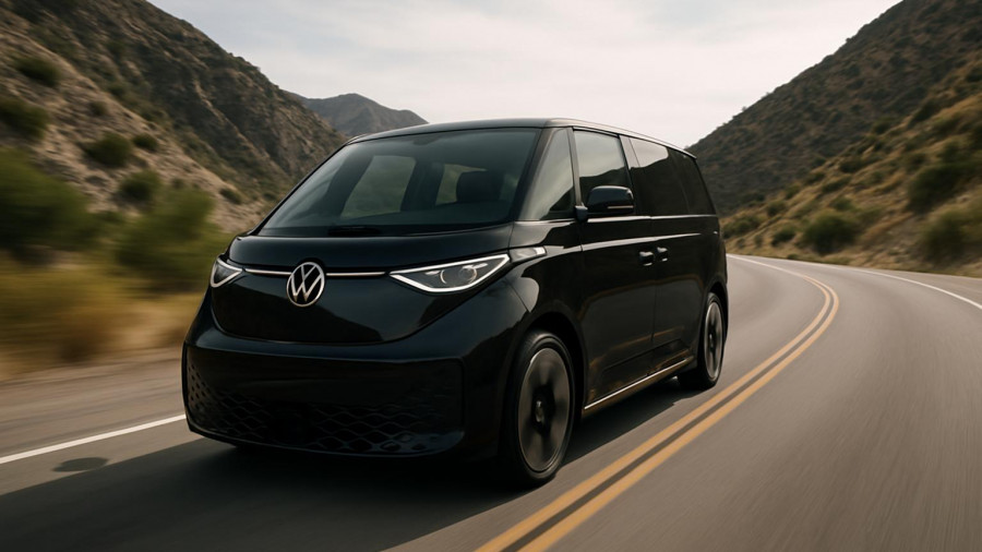 2025 Volkswagen ID.Buzz features sleek design on winding road.