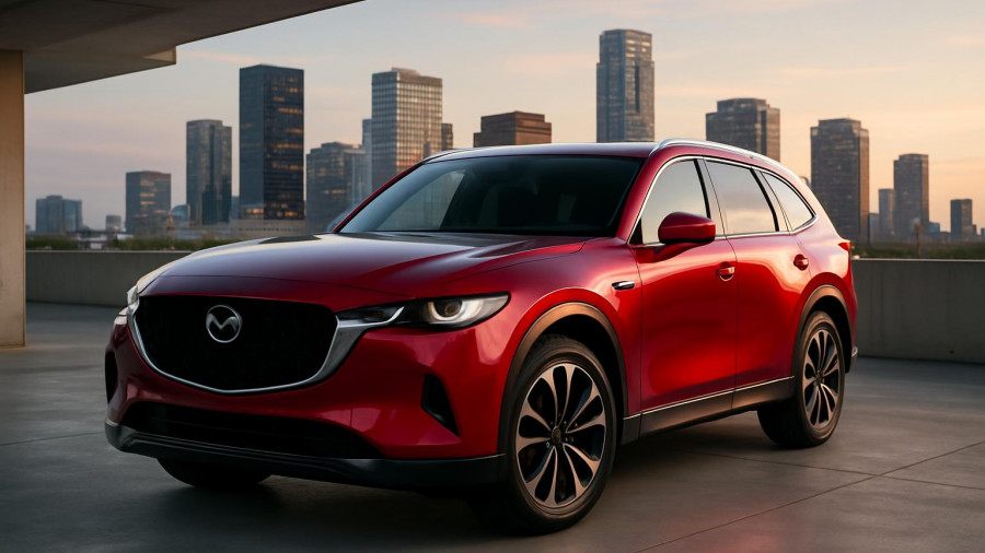 2025 Mazda CX-90 SUV with city skyline in the background.