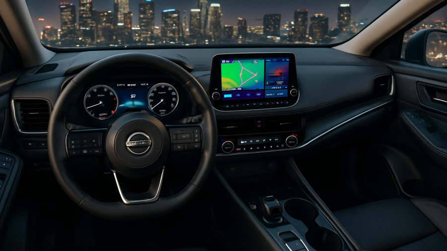 2025 Nissan Rogue features in a sleek car interior with advanced tech.