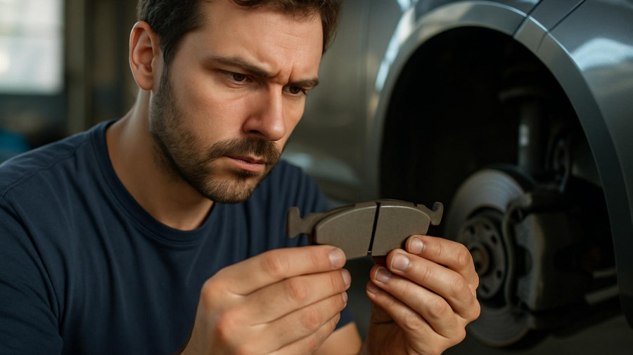 Man inspecting car brake pads, highlighting mistakes that wear them out.