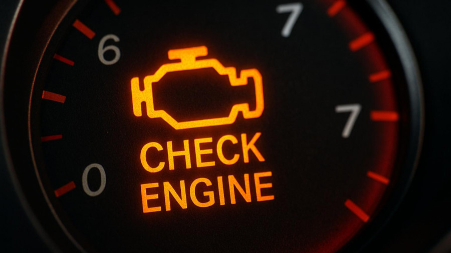 Illuminated check engine light on car dashboard, check engine light solutions.