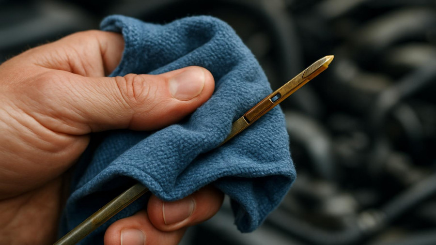 Checking oil with a dipstick for oil change essentials, close-up.