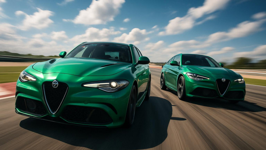 Alfa Romeo Quadrifoglio V6 revival cars racing on track.