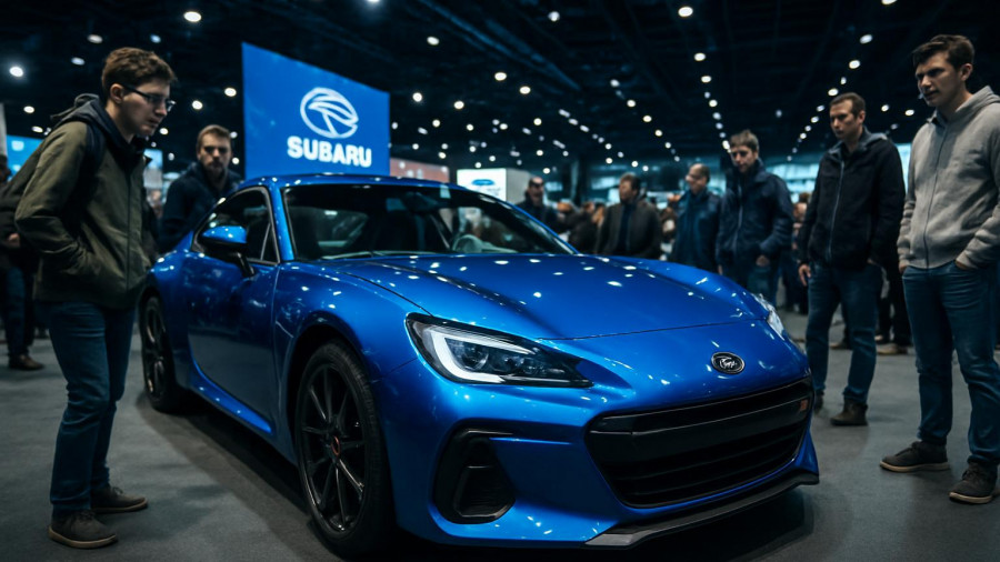 Sleek blue Subaru at Japan Mobility Show 2025
