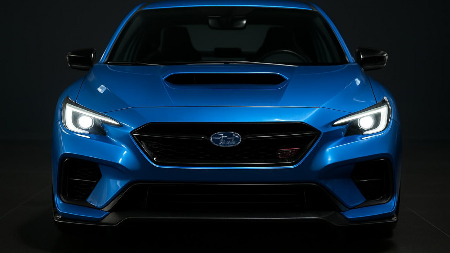 Sleek blue Subaru STI concept car front detail in showroom.