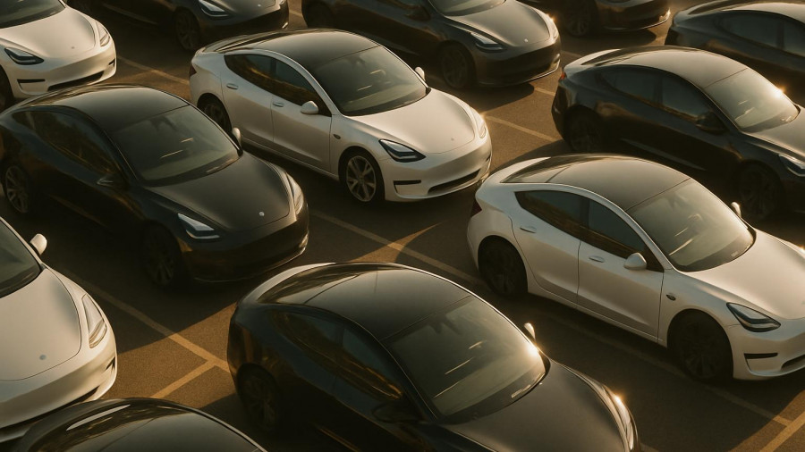 Tesla cars parked in orderly rows under golden light, resembling a network.