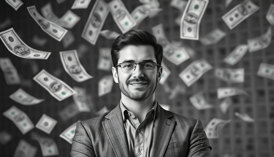 The Real Brokerage billion-dollar revenue year concept with confident man and dollar bills.
