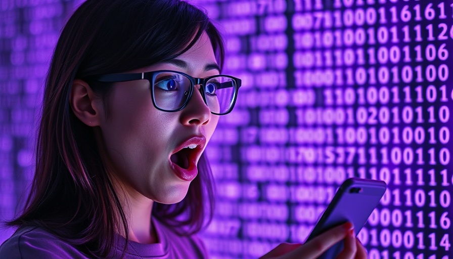 Shocked woman with phone in digital code backdrop