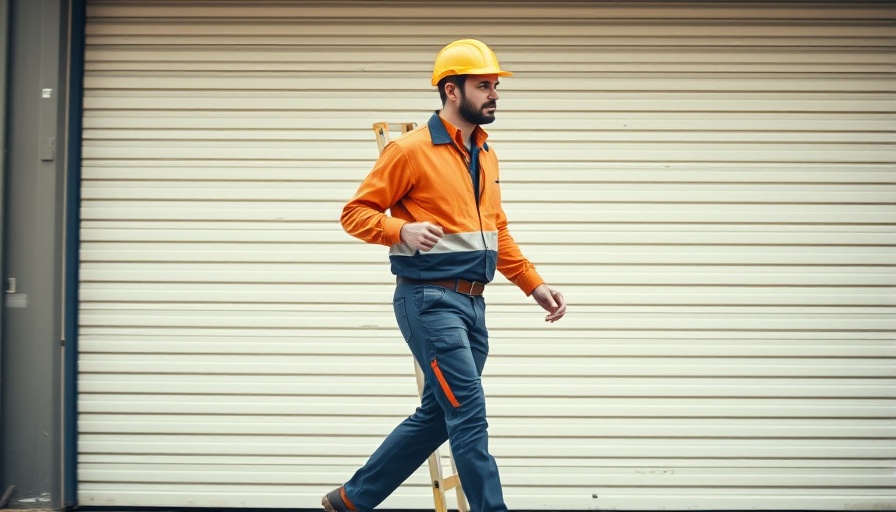 Man carrying ladder for maintenance repairs, orange tint.