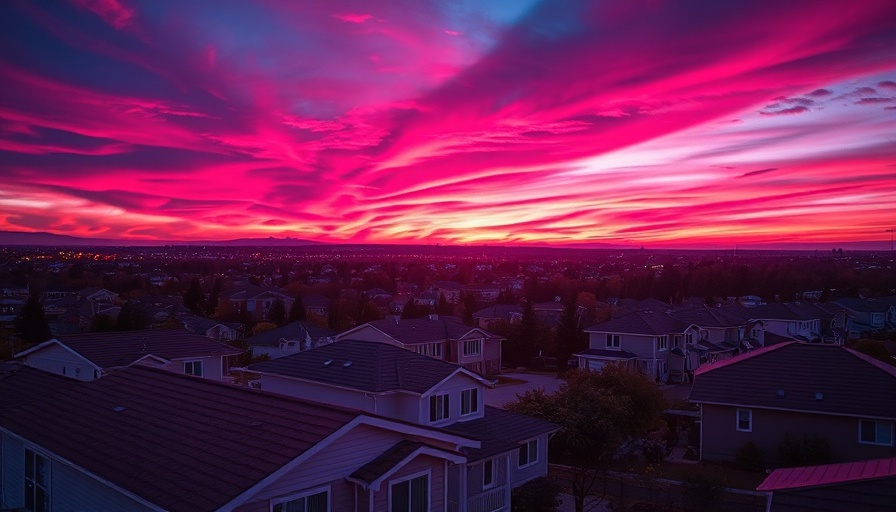 Neon suburban rooftops in pink and purple at sunset.