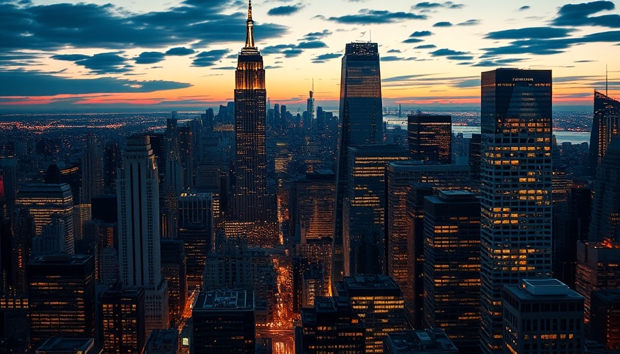 Manhattan luxury real estate market highlighted by skyscrapers at dusk.