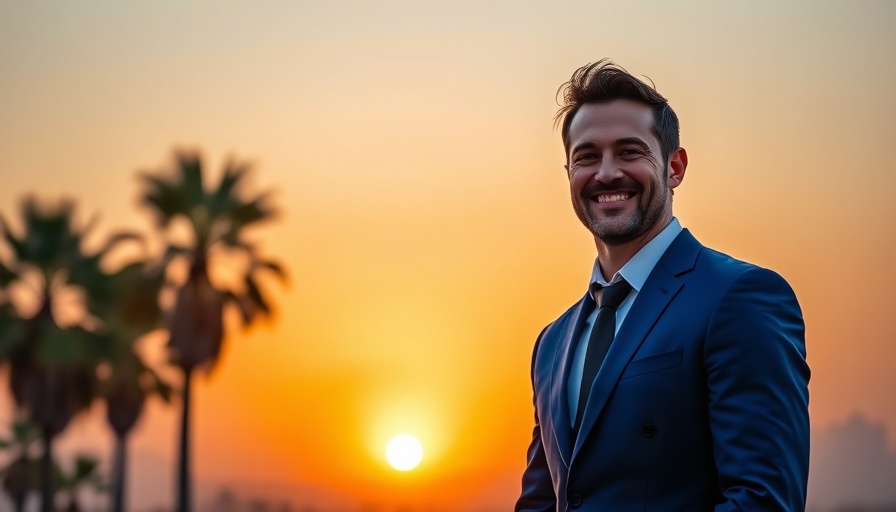 ULA Tax pause for wildfire recovery: Smiling person against sunset cityscape.