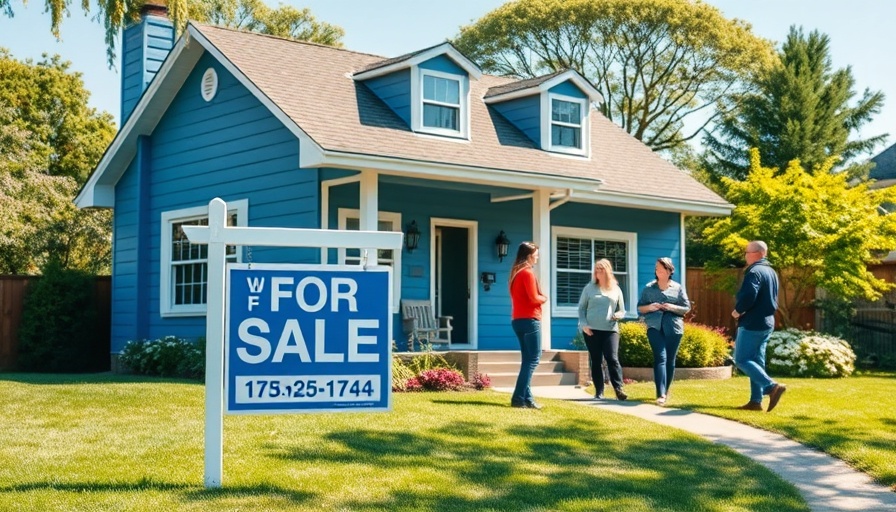 Blue suburban house with 'For Sale' sign and potential buyers in yard.