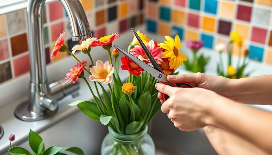 Vibrant spring flowers being trimmed in a kitchen sink.