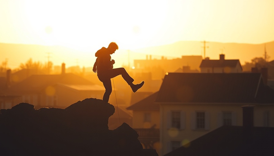 Climbing silhouette against vintage homes, abstract yellow polka dots.