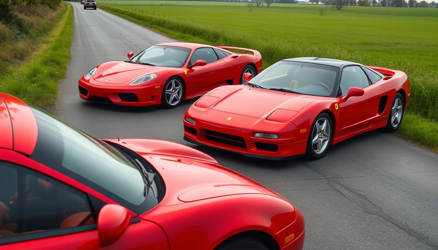 Honda NSX Ferrari 361 replica and red Ferrari on country road.