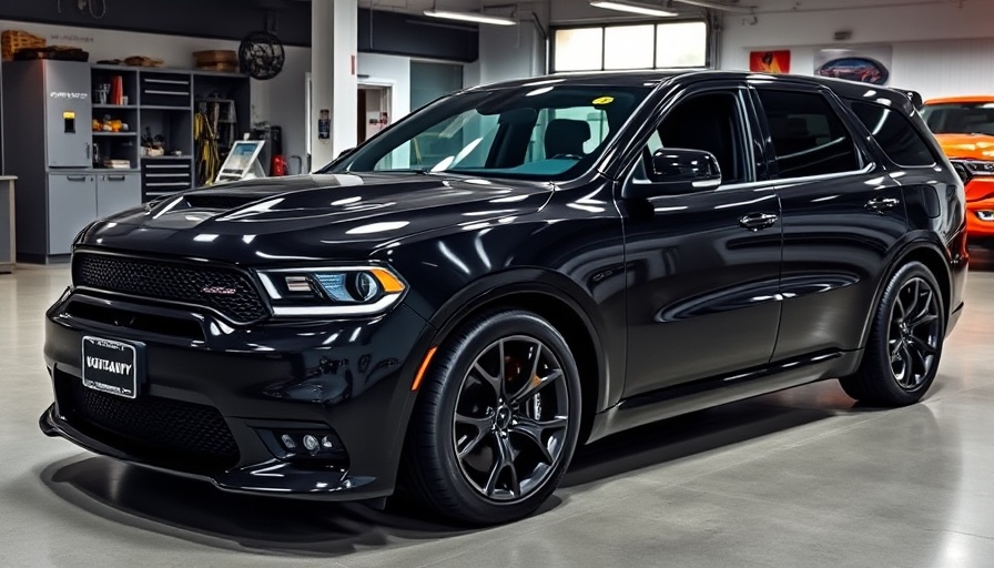 Durango Hellcat in showroom with price overlay, auction style.