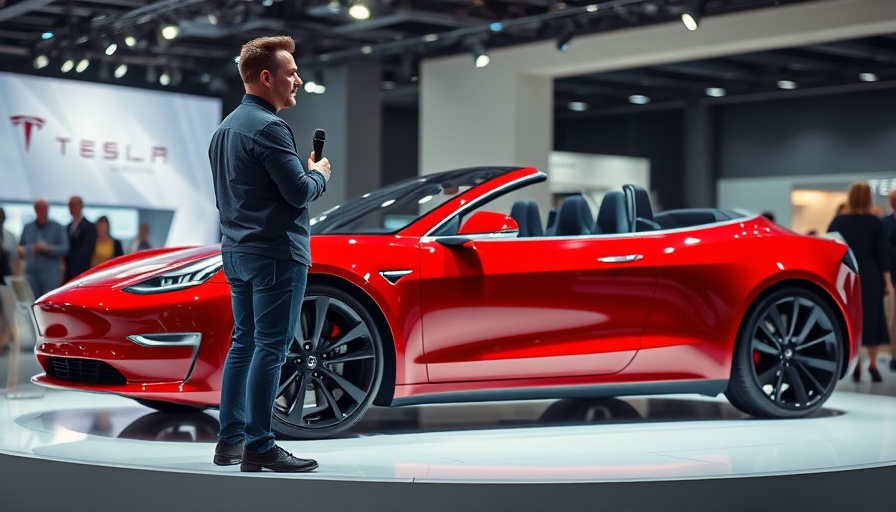 Sleek red Tesla Roadster displayed, automotive event.