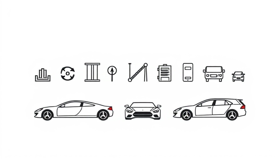 Stylized automotive icons including dollar sign and gears.