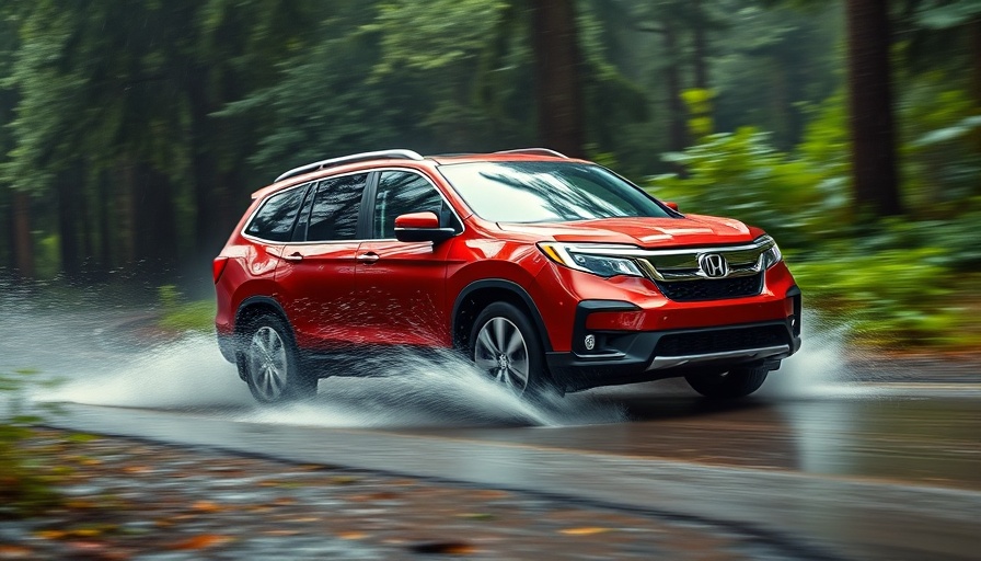 2025 Honda Pilot family SUV in a rainy forest setting.