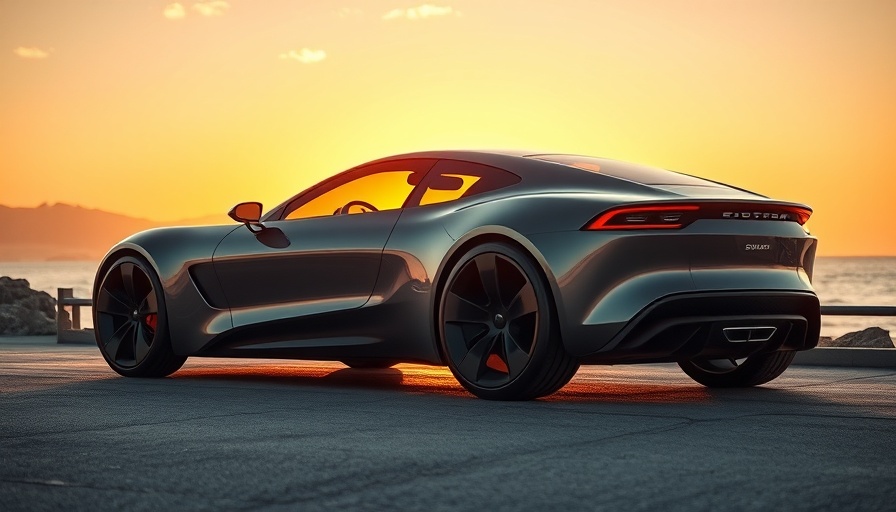 Sleek Xiaomi electric car by the beach at sunset.