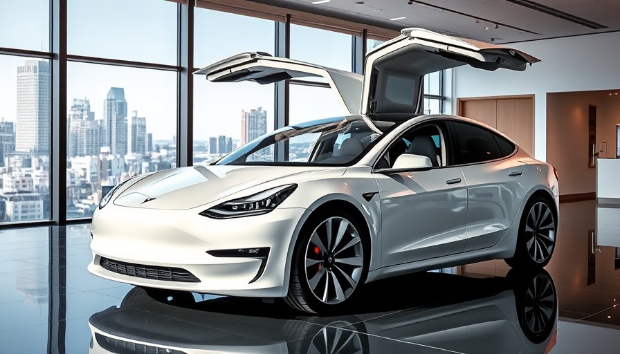Sleek white Tesla Model X with falcon doors in a showroom displaying advanced design.