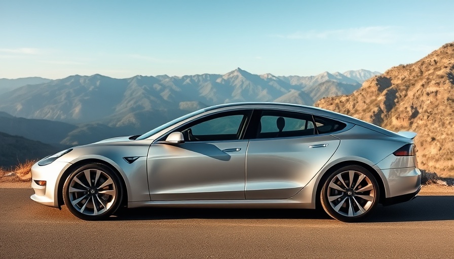 Tesla parked with a mountain backdrop, showcasing self-driving technology