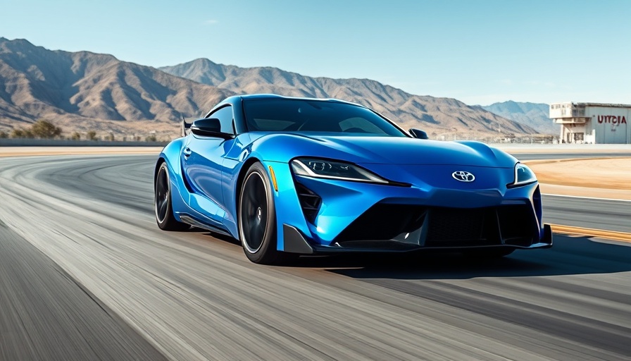 Blue Toyota sports car speeding on a race track with mountains in the background.