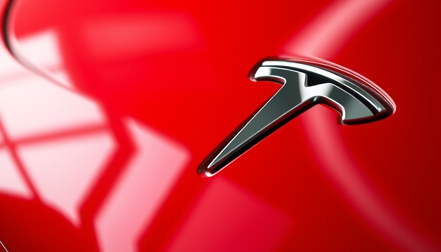 Close-up of Tesla logo on red car surface, reflecting light