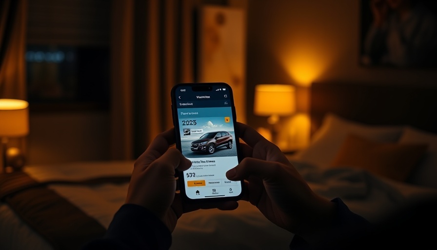 Amazon Used Car Sales app on smartphone in dimly lit room.