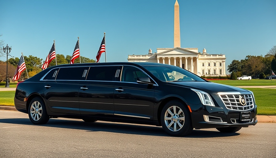 New Presidential Vehicles: sleek limousine with flags in front of D.C. monument.